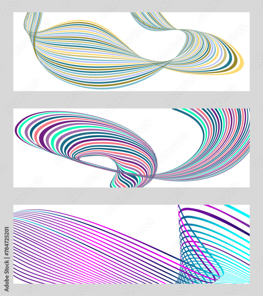 Wavy lines or ribbons. Set of 3 backgrounds. Multicolored striped gradient. Creative unusual background with abstract gradient wave lines to create a trendy banner, poster. vector eps Wavy lines or ribbons. Set of 3 backgrounds. Multicolored striped gradient. Creative unusual background with abstract gradient wave lines to create a trendy banner, poster. vector eps