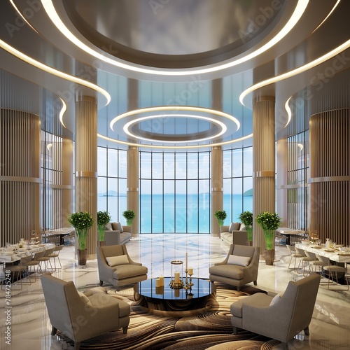 3d rendering luxury reception lobby Hotel sea view