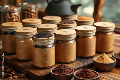 lots of spice jars with empty space on them on wood background . mock up, template, sample concept. © Анна Мартьянова