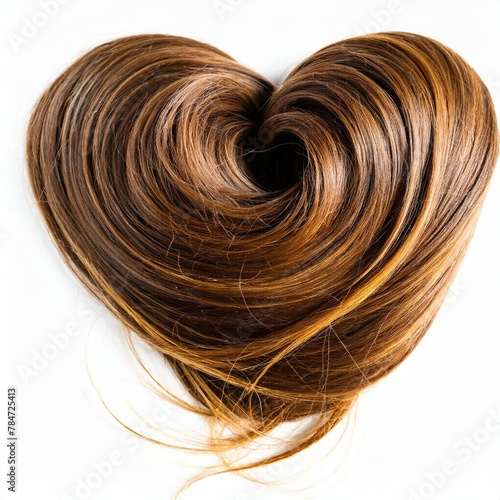 Strands of brown hair in shape of heart, isolated on white