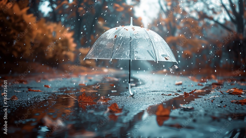 Envision a scene of melancholy mood, where a transparent umbrella rests among water droplets in a puddle on a rain-soaked road. The blurred background captures the essence of an autumn landscape