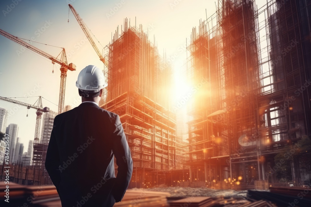A construction worker is standing with his back to the camera, looking at a building under construction.