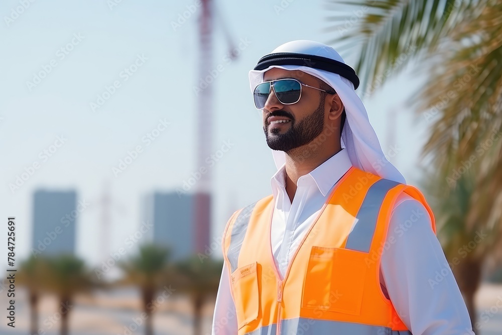 A construction worker wearing a hard hat and safety vest is standing in front of a building under construction. A construction worker wearing a hard hat and safety vest is standing in front of a building under construction.