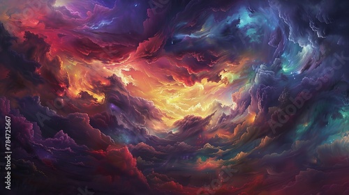  Imagine a surreal sky filled with stormy clouds, transitioning from dark purples and reds to light blues and yellows. This striking image evokes a range of concepts