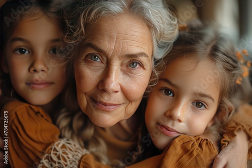 Portrait of grandmother with her granddaughters  . Different generations spend time together. real values, family traditions. photo