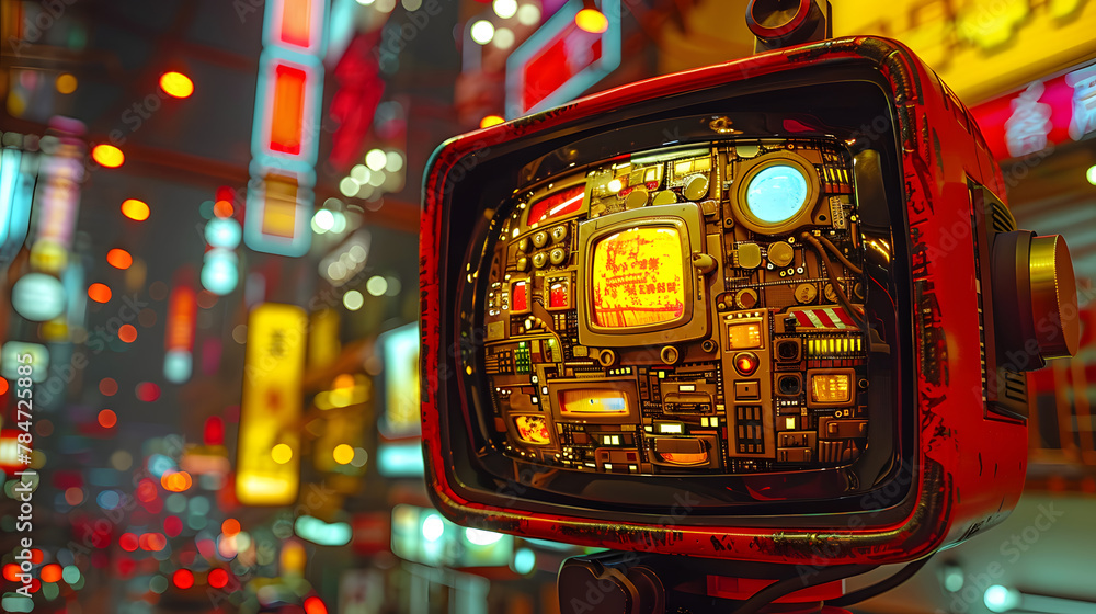 A stylized retro-futuristic robot head with intricate details and a glowing screen, set against a backdrop of a neon-lit cityscape at night A stylized retro-futuristic robot head with intricate details and a glowing screen, set against a backdrop of a neon-lit cityscape at night