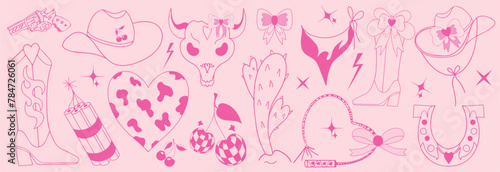 Hand drawn pink girl cowboy set. Collection of retro Cowboy coquette girly vintage style with bow and ribbon.western and wild west theme. Vector illustration © Lucia Fox