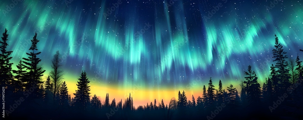 Mesmerizing Aurora Borealis Display Over Tranquil Forest Silhouette in Starry Night Sky Vibrant Glowing Lights Dancing Above Wilderness Landscape Mesmerizing Aurora Borealis Display Over Tranquil Forest Silhouette in Starry Night Sky Vibrant Glowing Lights Dancing Above Wilderness Landscape