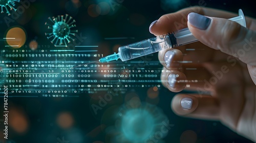 Conceptual Image of Hand Holding Syringe with Streaming Digital Virus Particles Representing Personalized Medical Treatments