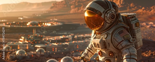 Intrepid Astronaut Stands Amid Futuristic Mars Colony Representing Humanity s and Settlement of Other Planets photo