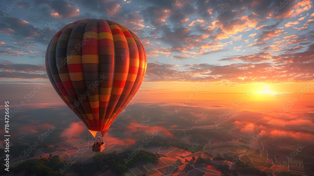 Obraz premium The Exhilarating Hot Air Balloon Ride at Sunrise Over a Vibrant Patchwork Landscape