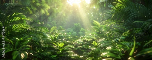 Vibrant tropical rainforest with sunlight filtering through lush green canopy and dense undergrowth in vivid high definition