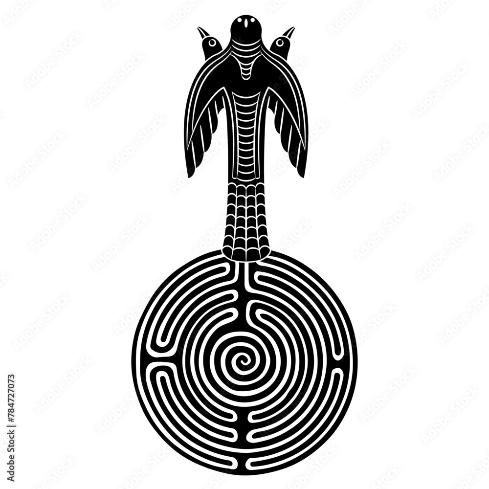 Vecteur Stock Three headed bird standing on a round spiral maze or ...