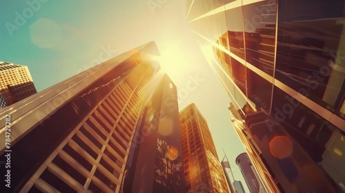 Bottom view of modern skyscrapers in business district at sunset with lens flare filter effect photo