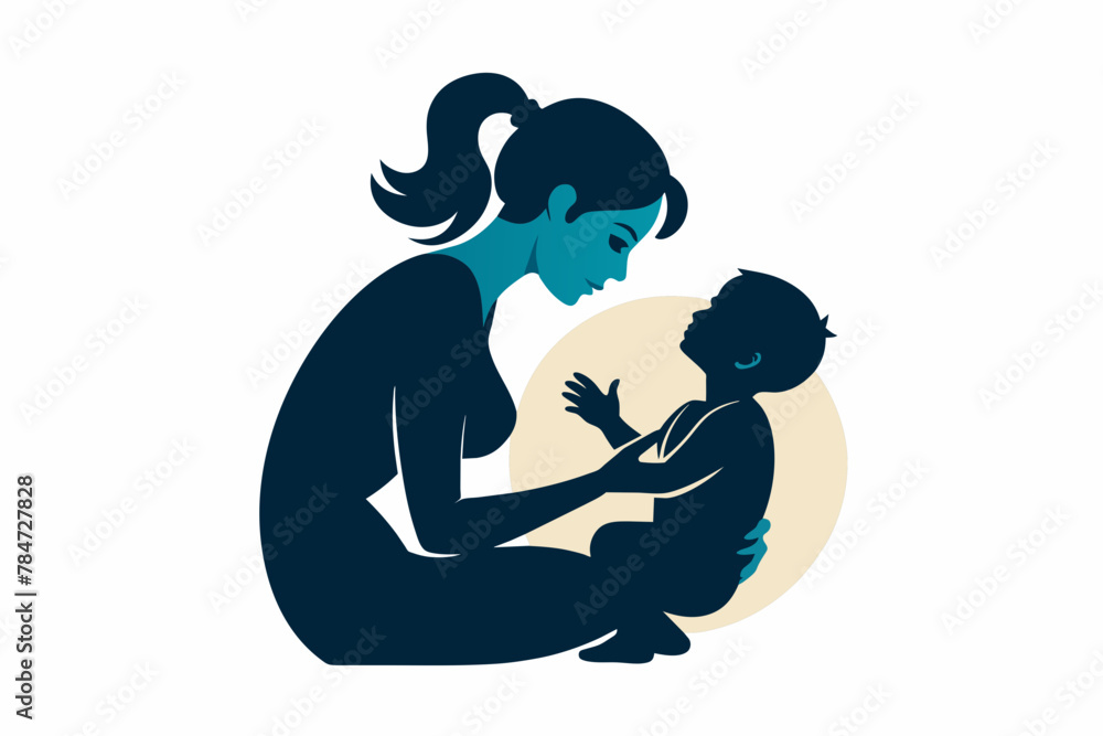 Mother with her baby, outline vector silhouette, mother care icon Mother with her baby, outline vector silhouette, mother care icon