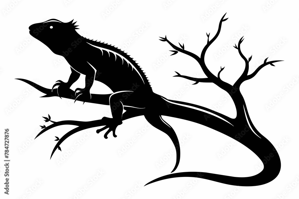 Obraz premium Coated Lizard on a Tree Branch black silhouette on white background
