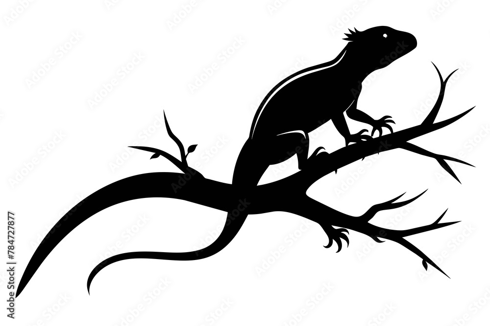 Naklejka premium Coated Lizard on a Tree Branch black silhouette on white background