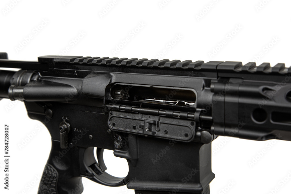 Close-up of the open bolt cover. A modern automatic carbine without sights and with an additional handle. Isolate on a white back Close-up of the open bolt cover. A modern automatic carbine without sights and with an additional handle. Isolate on a white back