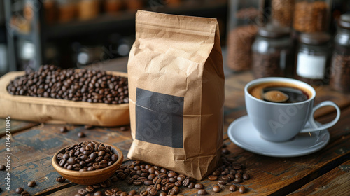 A Cup of Coffee and Bag of Coffee Beans