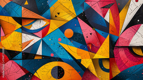 Colorful geometric shapes and lines intersecting in a chaotic pattern, Abstract background wallpaper photo