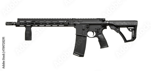 A modern automatic carbine without sights and with an additional handle. Isolate on a white back