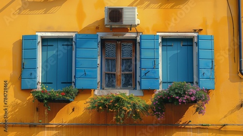 Yellow Building With Green Shutters and Balcony