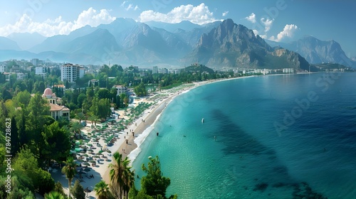 Antalya's Serene Coastline: Mountains Meet Sea. Concept Travel Photography, Mountain Views, Coastal Landscape, Natural Beauty, Mediterranean Scenery photo