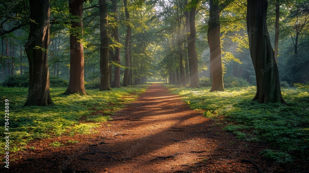 Obraz premium Sunlight Filtering Through Trees in Forest