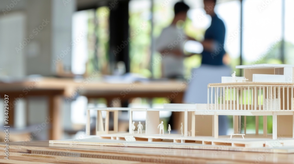 House model is displayed on wooden meeting table with in the blurred background of real estate agent and client 