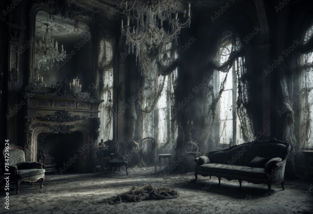 A dark, eerie interior of an abandoned mansion with tattered curtains ...