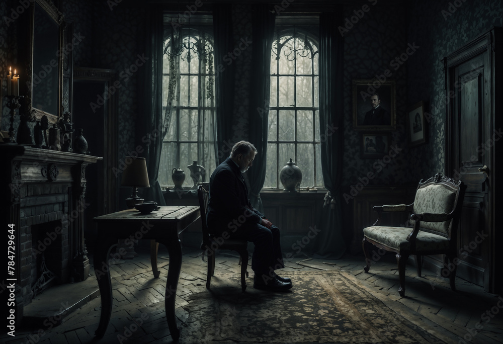 A somber scene depicting a lone, elderly figure sitting in a dimly lit, dusty manor room filled with antique furniture and large arched windows. - obrazy, fototapety, plakaty 