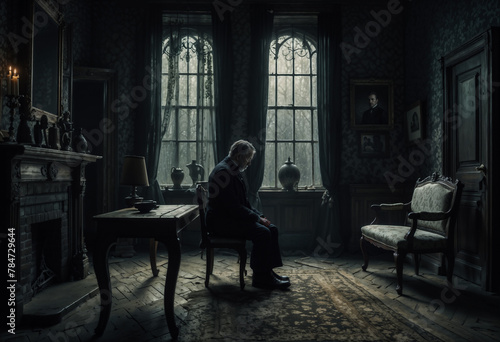 A somber scene depicting a lone, elderly figure sitting in a dimly lit, dusty manor room filled with antique furniture and large arched windows.