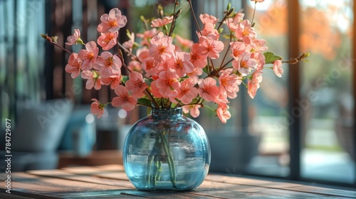Blue Vase Filled With Pink Flowers on Table