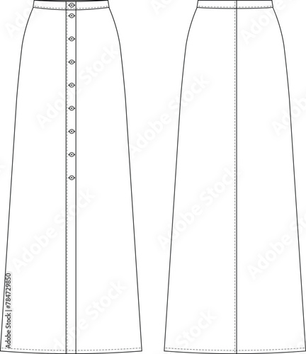 buttoned long maxi midi ankle length a-line skirt template technical drawing flat sketch cad mockup fashion woman design style model
