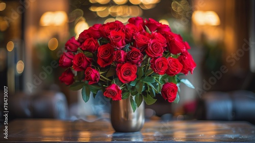 Vase Filled With Red Roses on Top of Table