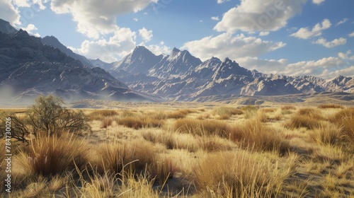 Desert Majesty: Mountains in the Distance - The arid beauty of a desert landscape with majestic mountains rising in the backdrop.