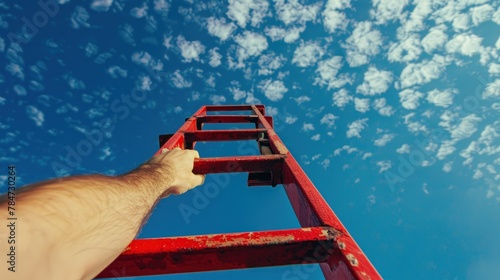 From below closeup man hands reaching red ladder to the high blue sky to get a success. AI generated