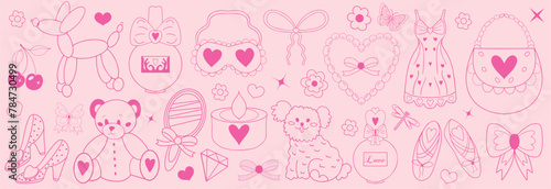 Pink girly coquette y2k aesthetic set, elegant vintage accessory. Lovely cute collection, red cherrie, pink ribbon, bow, balloon dog. Vector illustration