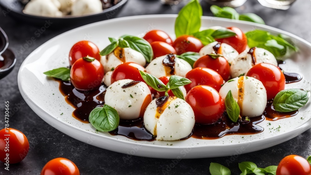 Caprese with cherry tomatoes, mozzarella balls and basil leaves, poured with balsamic glaze Caprese with cherry tomatoes, mozzarella balls and basil leaves, poured with balsamic glaze