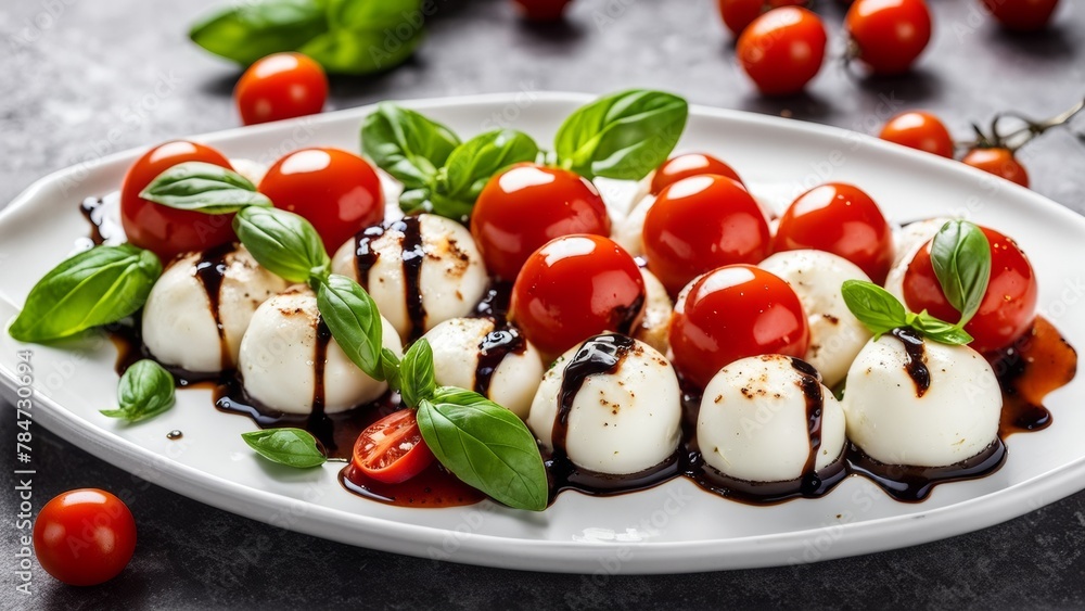 Caprese with cherry tomatoes, mozzarella balls and basil leaves, poured with balsamic glaze Caprese with cherry tomatoes, mozzarella balls and basil leaves, poured with balsamic glaze