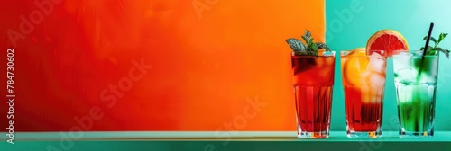 horizontal banner, Republic Day in Italy, alcoholic cocktails with ice, citrus lemonade with mint, colors of the flag of Italy, bright background, copy space, free space for text