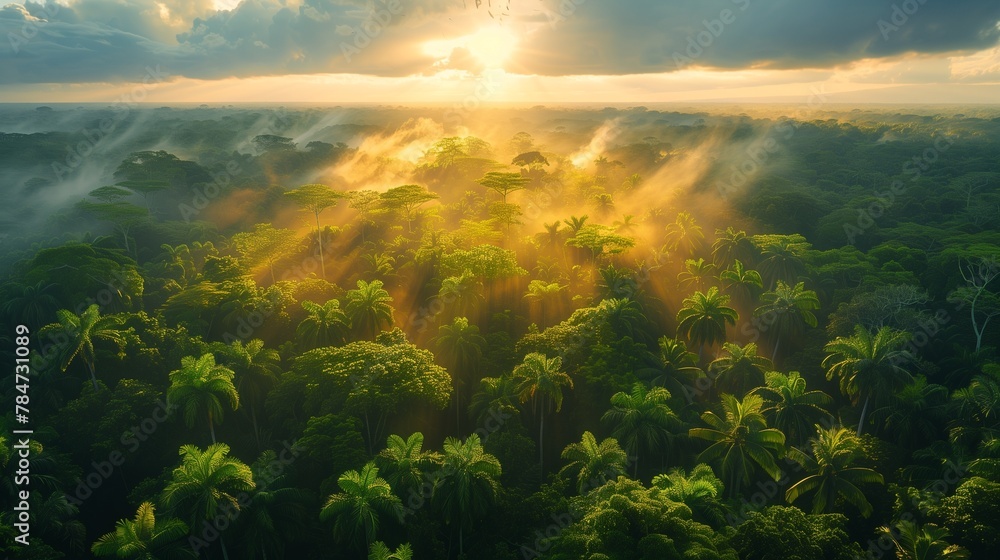 A panoramic view of a vibrant Macaw colony amidst the lush green canopy of the Amazon forest, bathed in the warm glow of morning sunlight filtering through the leaves-052 A panoramic view of a vibrant Macaw colony amidst the lush green canopy of the Amazon forest, bathed in the warm glow of morning sunlight filtering through the leaves-052