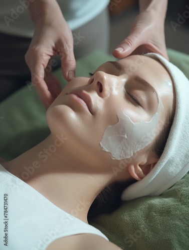 Woman getting a facial mask at a spa, suitable for beauty and wellness concepts