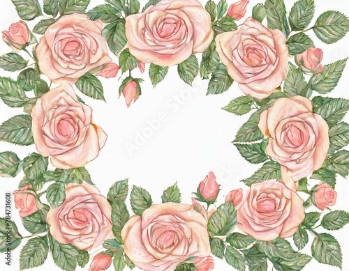 Pastel pink roses frame. Beautiful flower arrangement for your design