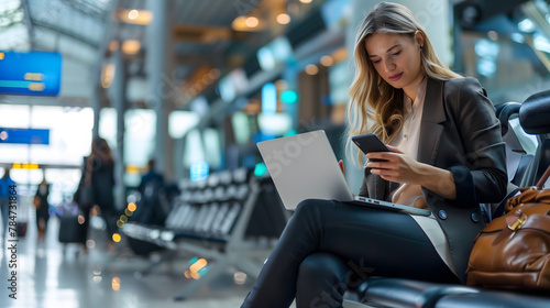 A businesswoman is sitting in an airport waiting area, using her laptop and holding a smartphone to check for flight updates while wearing smart casual attire with black pants and blazer photo