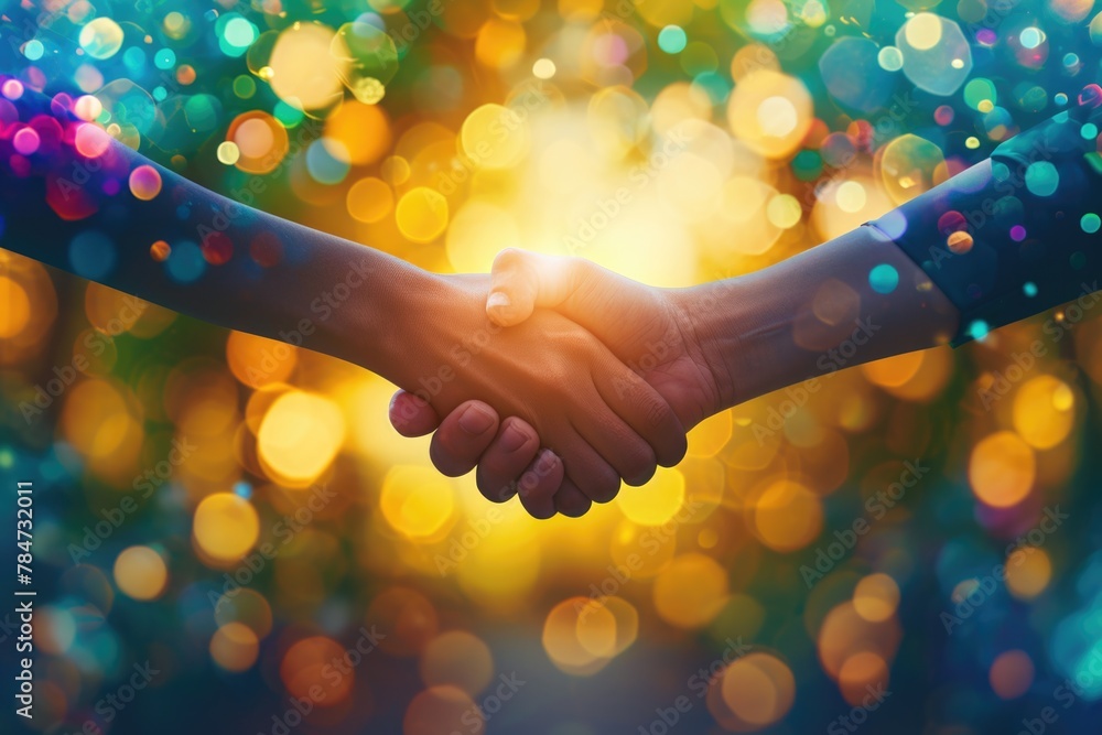 Obraz premium Professional handshake in front of bright lights, suitable for business concepts