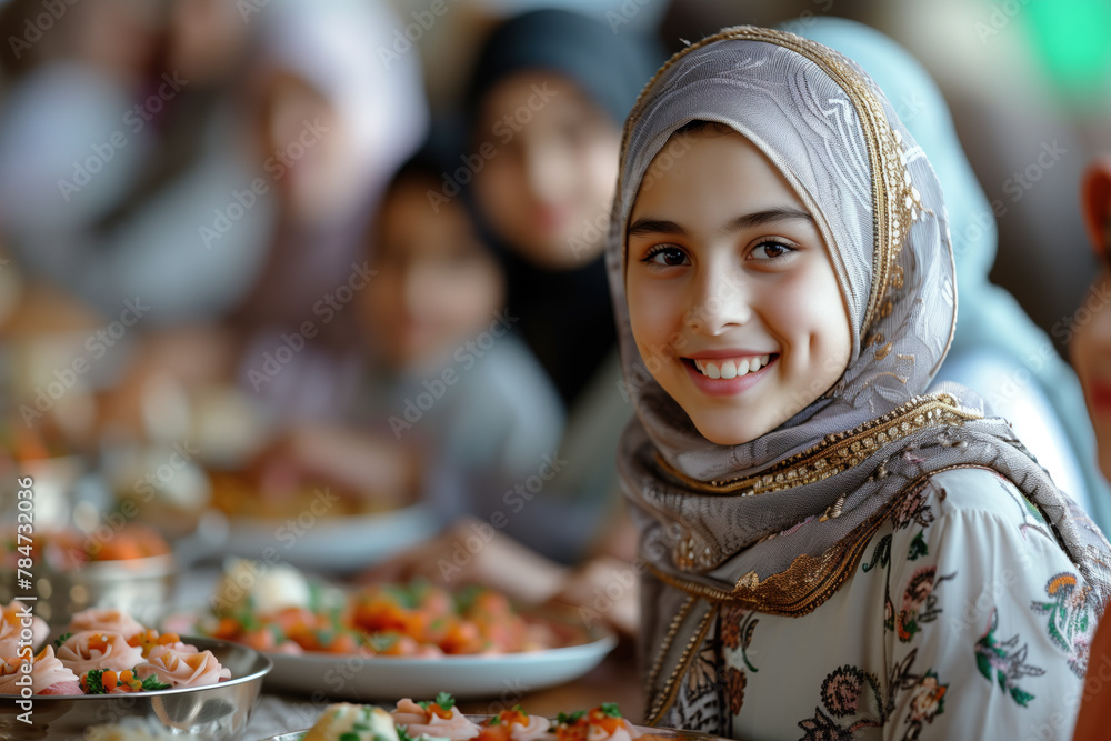 Smiling young girl in hijab at a family gathering with traditional food. Smiling young girl in hijab at a family gathering with traditional food.