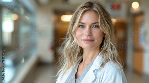 A professionally dressed woman with blonde hair stands confidently in an office hallway looking at the camera