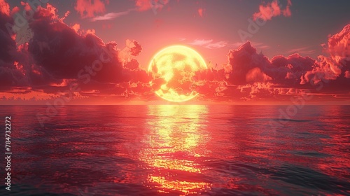 This image features a breathtaking 3D rendered scene of a vibrant red sunset over the ocean, complete with a glowing, oversized moon and dramatic cloud cover.