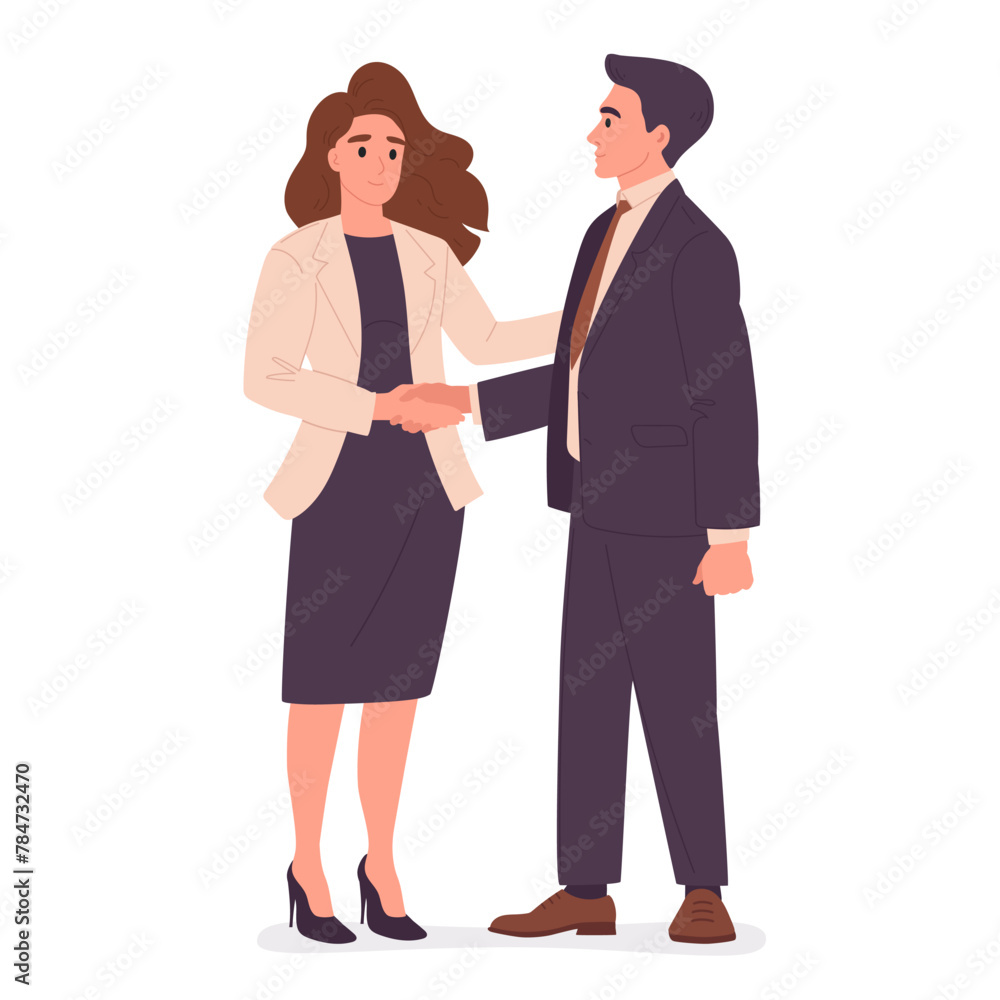 Male and female business people handshake. Man and woman agreement gesture, colleagues shaking hands flat vector illustration. Office characters shaking hands